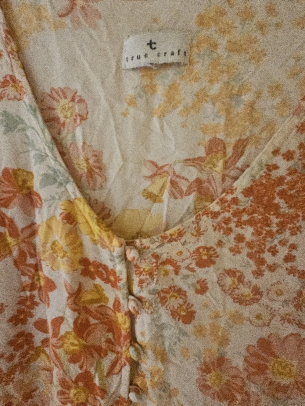 True Craft Boho Cottagecore Cream Midi Dress Orange Oversize Yellow Floral Print - Picture 10 of 11